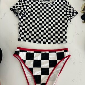 Checkered Black and White Crop Top and Bikini Set